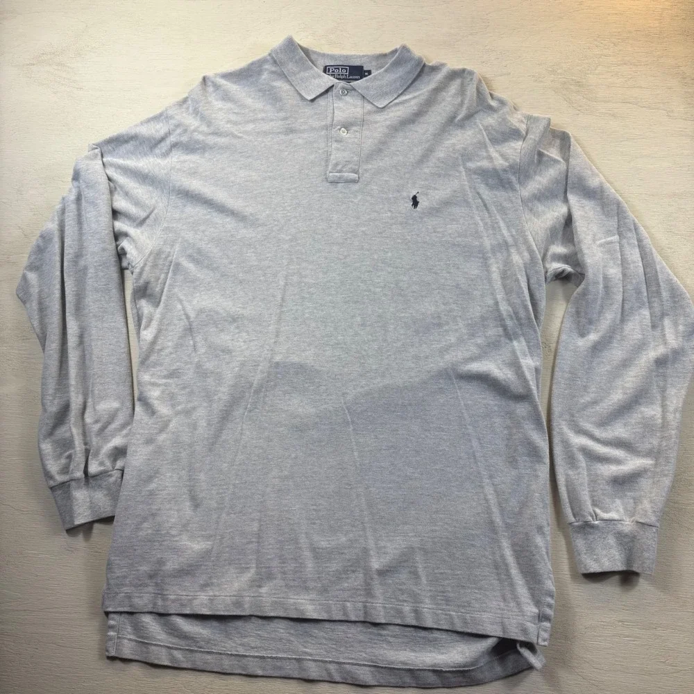 Polo Ralph Lauren Mens XL Grey Long Sleeve Pique Polo Shirt Cotton Silver Label